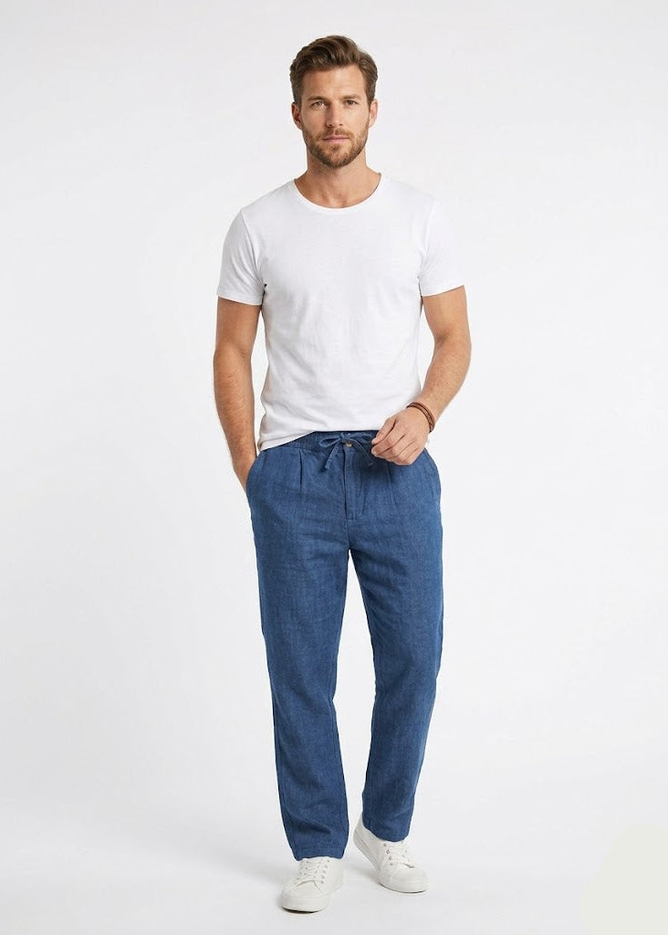 Men’s Relaxed Fit Linen Drawstring Trousers - Indigo Blue (MTR-22)